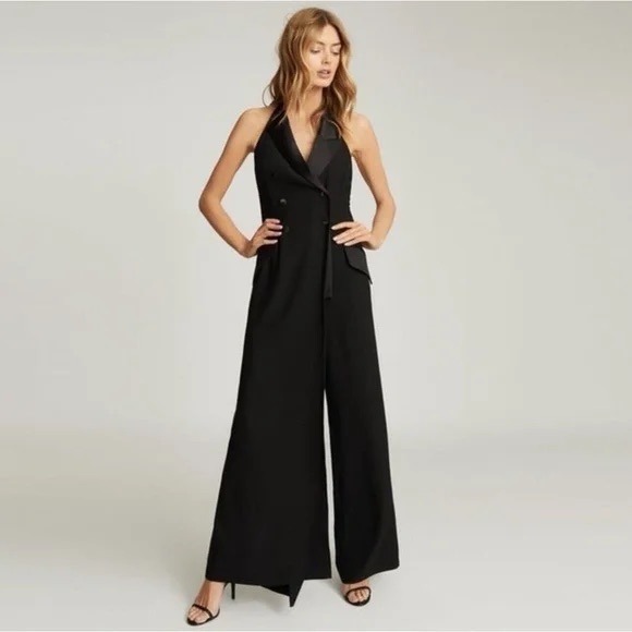 Reiss Annie Chic Black Tuxedo Split Leg Halter Satin Lapel Jumpsuit (Size 4) - Picture 3 of 7